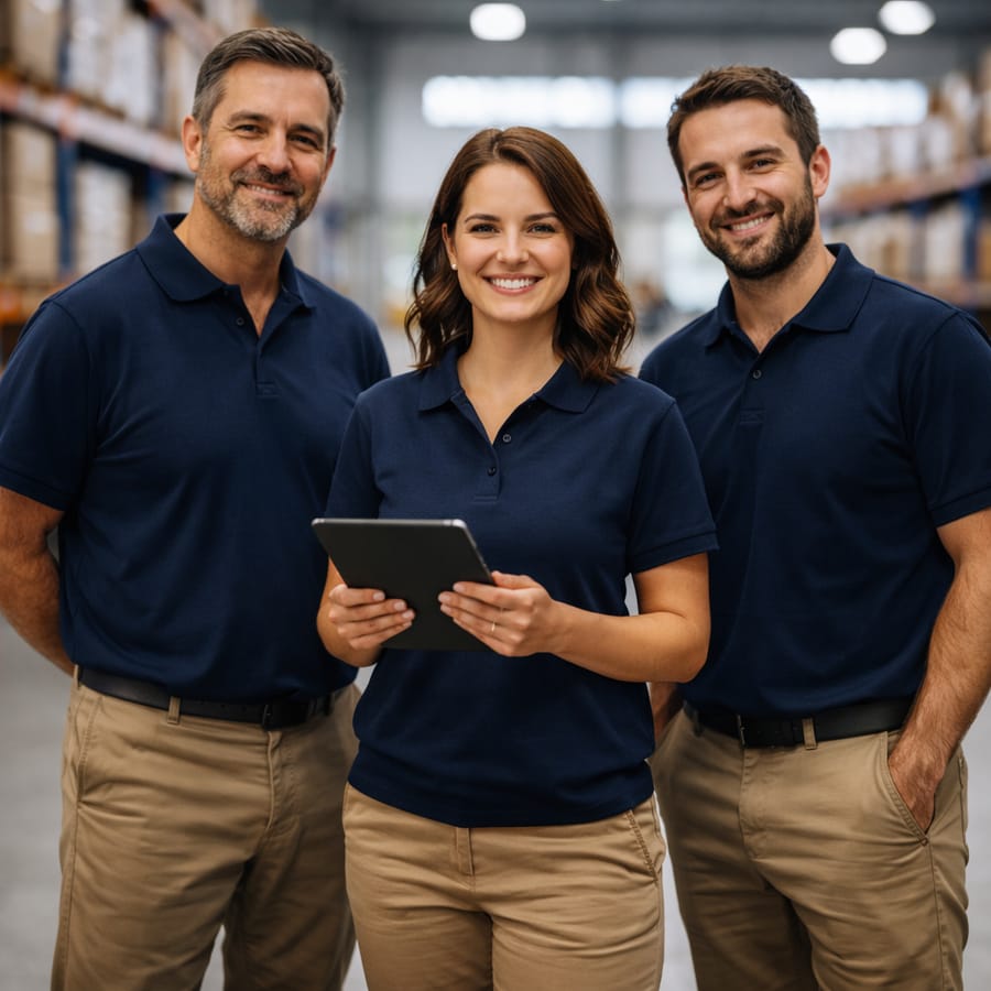 Équipe d'employés satisfaits utilisant des équipements professionnels